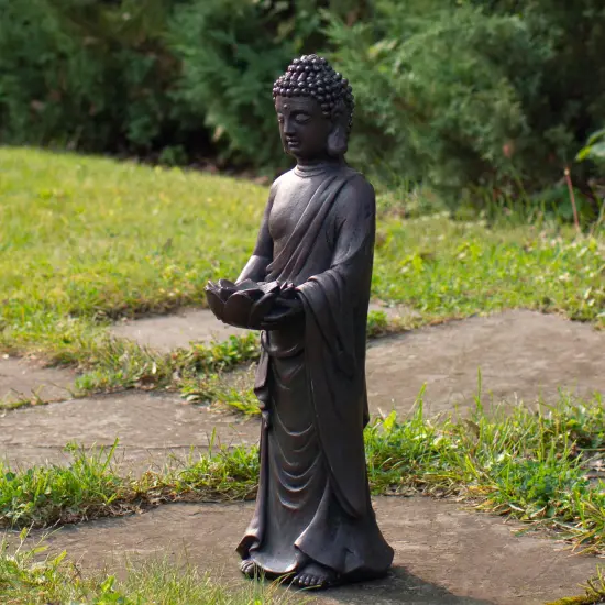 Northlight 19.5" Gray Standing Buddha with Lotus Outdoor Garden Statue {3}