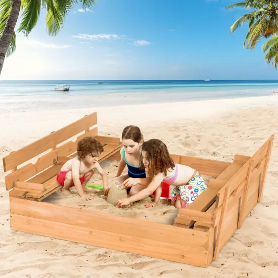 Kids Wooden Sandbox with 2 Foldable Bench Seats {1}