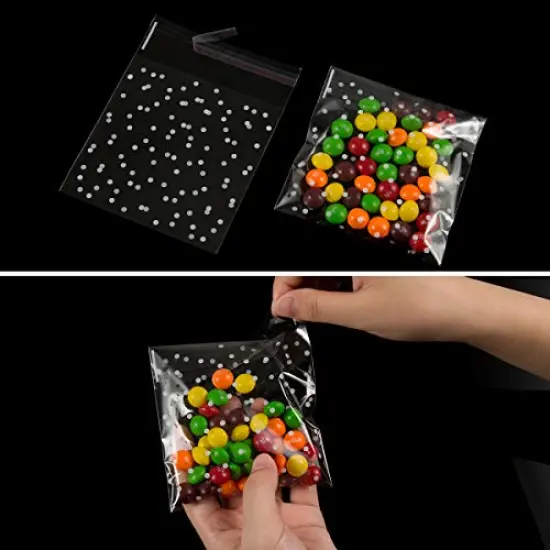 400 Pieces White Polka Dot Treat Bags Self Adhesive Candy Cookie Bags, 200 Cellophane Bags + 200 Thank You Sticker for Bakery Biscuit Chocolate Snacks Dessert (5.5x5.5Inches, White Polka Dot+Sticker) {6}