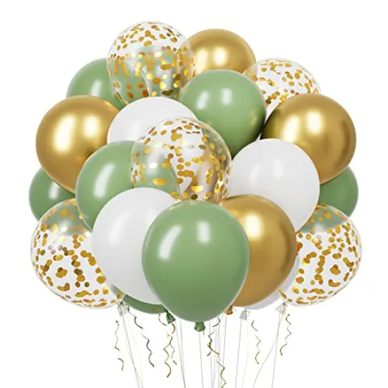 65 Pieces 12 Inches Sage Green Gold Confetti Balloons Kit, Green White Metallic Gold Party Balloons with Ribbons for Birthday, Wedding, Baby Shower, Graduation, Eucalyptus Party Decorations {2}