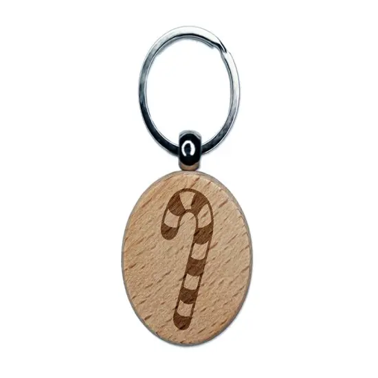Candy Cane Christmas Engraved Wood Round Keychain Tag Charm {1}