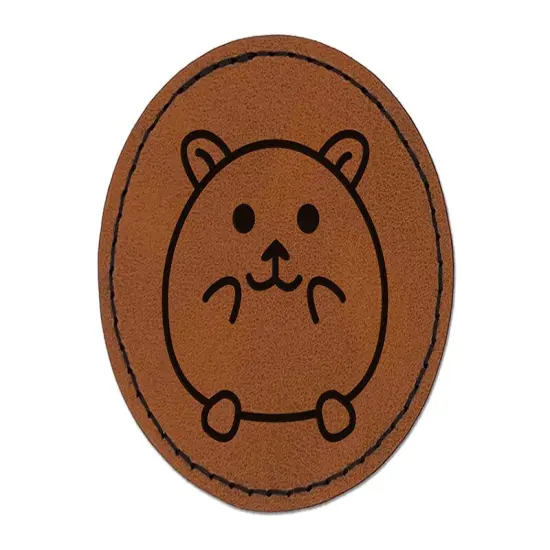 Happy Hamster Round Iron-On Engraved Faux Leather Patch Applique - 2.5" Brown {1}