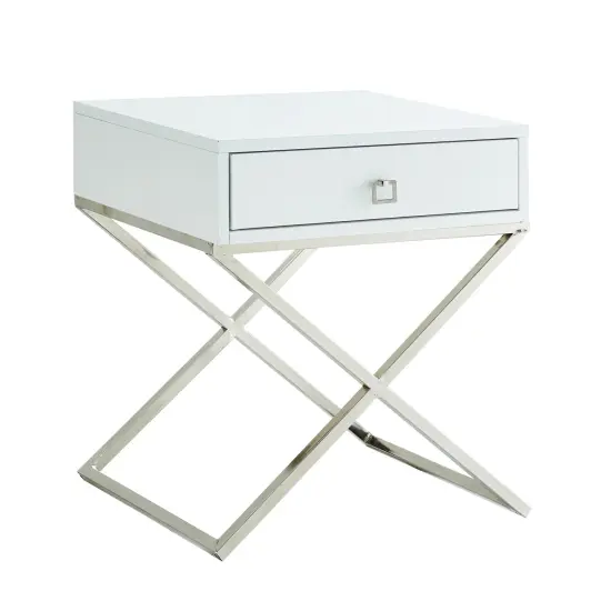Laila Modern Square Lacquered Metal X-Leg Side/Accent Table/ Nightstand White/Chrome {3}