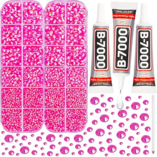 11000 Pieces Hot Pink Rhinestones with b7000 Glue for Crafts Clothing Clothes Fabric Nails, Bright Pink Gems ab Jelly Resin FlatBack Rhinestones for Shoes Tumblers Flat back Bedazzler Kit with Rhinestones {2}