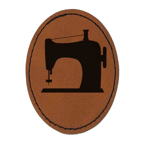 Sewing Machine Silhouette Round Iron-On Engraved Faux Leather Patch Applique - 2.5" Brown {1}
