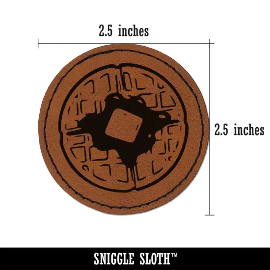 Breakfast Waffle Butter Syrup Round Iron-On Engraved Faux Leather Patch Applique - 2.5" Brown {3}