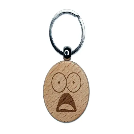Mouth Agape Shocked Face Engraved Wood Round Keychain Tag Charm {1}