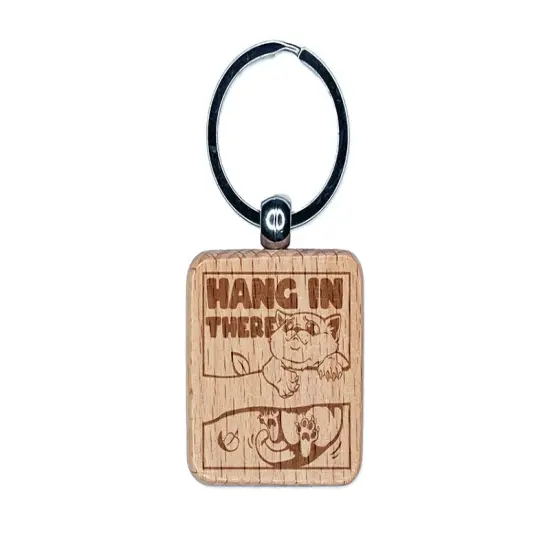 Hang in There Cat Engraved Wood Square Keychain Tag Charm {1}
