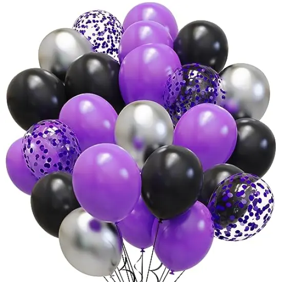 65 Pieces Purple Black Silver Latex Balloons, 12 Inches Metallic Silver Purple Confetti Balloons with 1 Ribbon for Halloween, Birthday, Graduation, Anniversary,Wednesday party decorations {2}