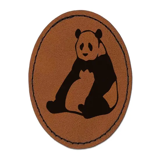 Giant Panda Bear Sitting Round Iron-On Engraved Faux Leather Patch Applique - 2.5" Brown {1}