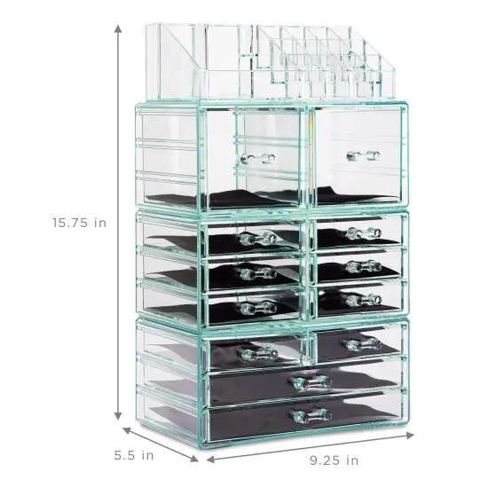 Sorbus X-Large Acrylic Makeup and Jewelry Organizer Case - 4 Piece Set (12 Drawers) Teal {6}