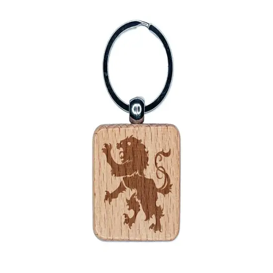Regal Heraldic Lion Engraved Wood Square Keychain Tag Charm {1}