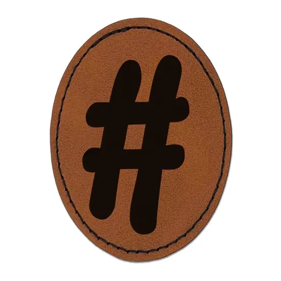 Hashtag Number Sign Round Iron-On Engraved Faux Leather Patch Applique - 2.5" Brown {1}