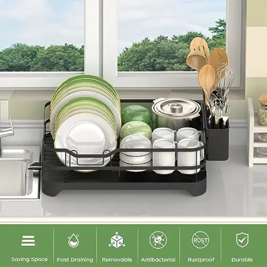 16.9"(L) x 12.2"(W), Black Dish Drying Rack, Stainless Steel Rustproof Dish Rack for Kitchen Counter, Durable Dish Drainer with Drainboard, Drainage, Utensil Holder for Various Kitchenware {3}