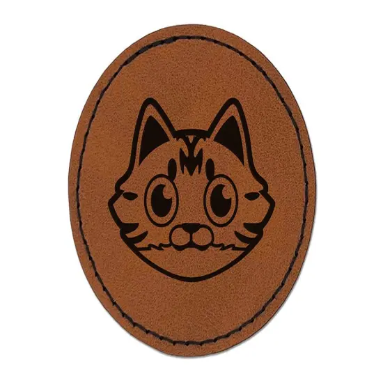Fluffy Striped Tabby Cat Head Round Iron-On Engraved Faux Leather Patch Applique - 2.5" Brown {1}