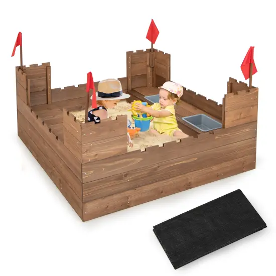 Kids Wooden Sandbox with Bottom Liner and Red Flags {3}