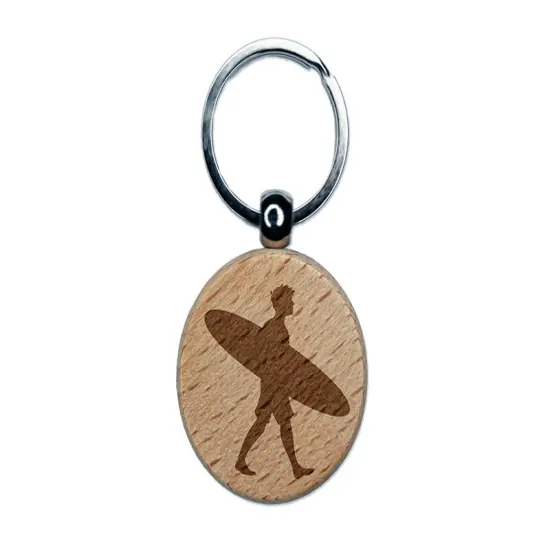 Surfer Man with Surfboard Walking Engraved Wood Round Keychain Tag Charm {1}