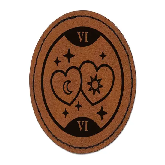 The Lovers Tarot Card Round Iron-On Engraved Faux Leather Patch Applique - 2.5" Brown {1}