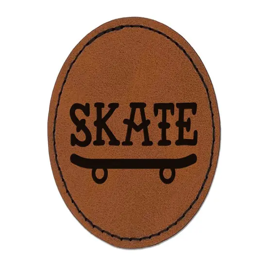 Skate Text on Skateboard Round Iron-On Engraved Faux Leather Patch Applique - 2.5" Brown {1}