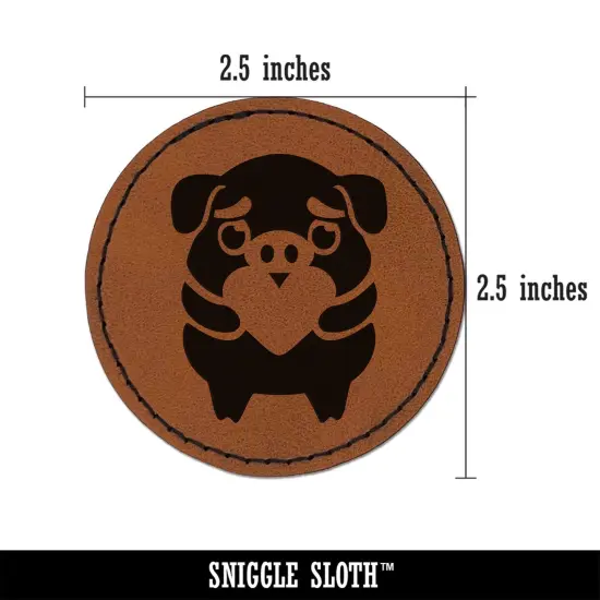 Cautious Pig with Heart in Hands Round Iron-On Engraved Faux Leather Patch Applique - 2.5" Brown {3}