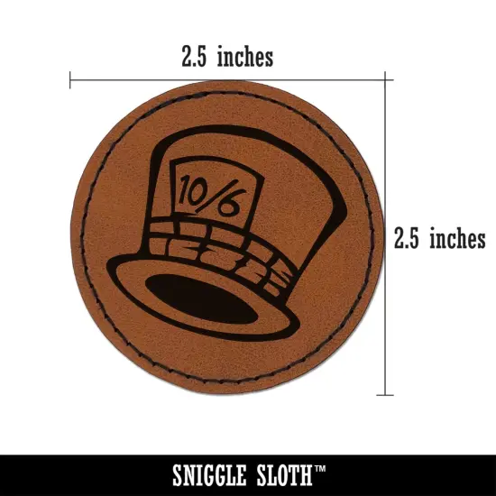 Mad Hatter Hat from Alice in Wonderland Round Iron-On Engraved Faux Leather Patch Applique - 2.5" Brown {3}