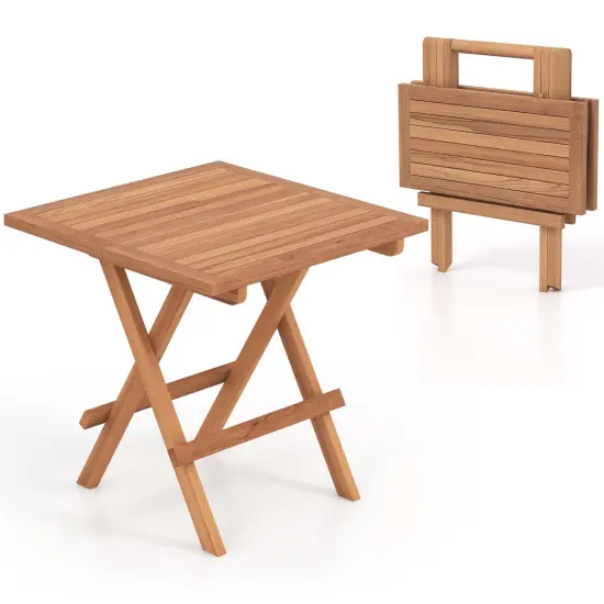 Costway Patio Folding Side Table Indonesia Teak Wood Square Slatted Tabletop Portable Picnic {1}
