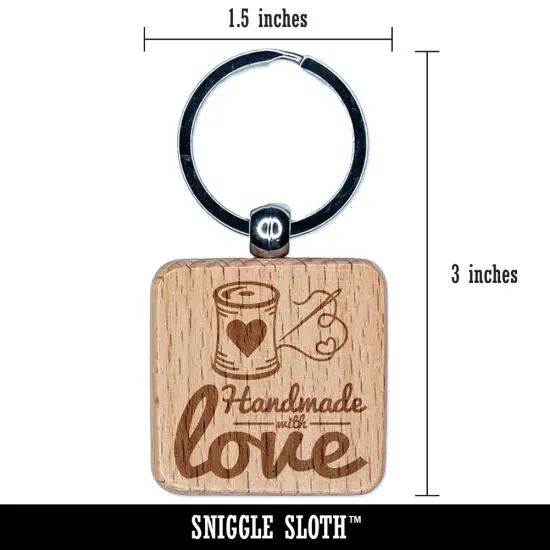 Handmade With Love Sew Sewing Thread Spool Engraved Wood Square Keychain Tag Charm {2}