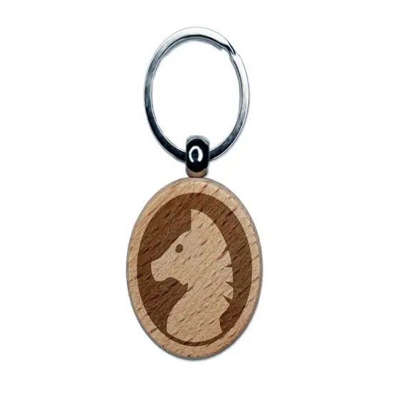 Chess Piece White Knight Engraved Wood Round Keychain Tag Charm {1}