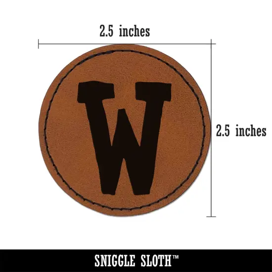 Letter W Uppercase Cute Typewriter Font Round Iron-On Engraved Faux Leather Patch Applique - 2.5" Brown {3}