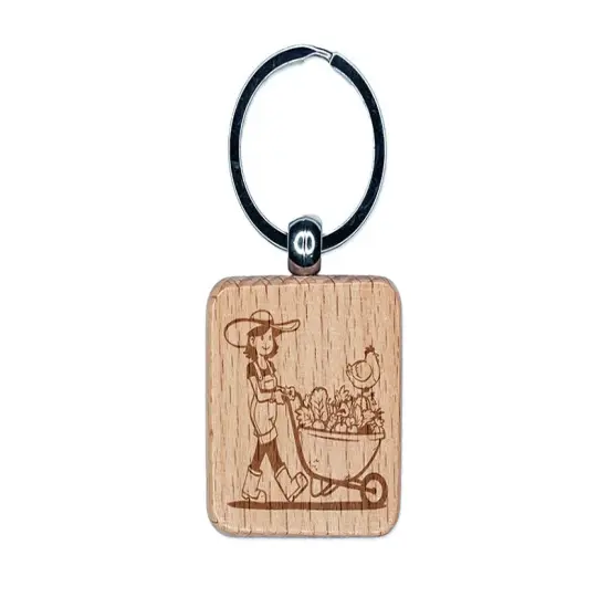Gardener Farmer Girl with Wheelbarrow of Fruits Vegetables Chicken Engraved Wood Square Keychain Tag Charm {1}