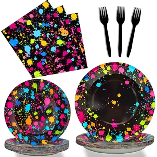 96&nbsp;Pieces Party Supplies for 24 Guests Glow Party Plates Napkins Tableware Neon Glow Birthday Colorful Graffiti Party Decoration Favor， {1}