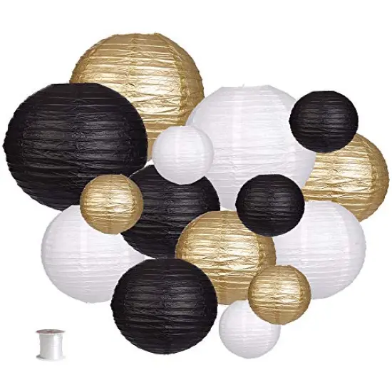 15 Pieces Paper Lanterns Decorative, Round Hanging Paper Lanterns Decorations for Wedding Graduation Anniversary Birthday Party Supplies Black/Gold/White {3}