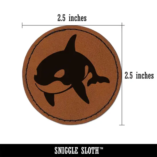 Orca Killer Whale Round Iron-On Engraved Faux Leather Patch Applique - 2.5" Brown {3}