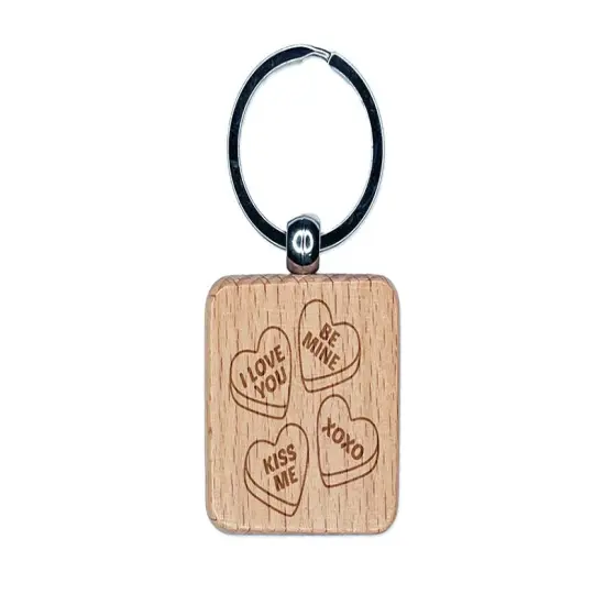 Valentine's Day Conversation Hearts Engraved Wood Square Keychain Tag Charm {1}
