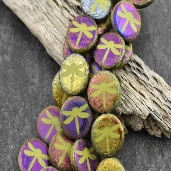 *8* 16mm Acid Etched Chartreuse Metallic Iris Laser Tattoo Dragonfly Coin Beads {4}
