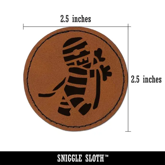 Cute Mummy Egyptian Monster Wrapped in Bandages Halloween Round Iron-On Engraved Faux Leather Patch Applique - 2.5" Brown {3}