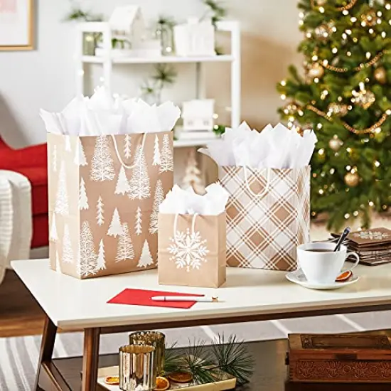 Hallmark Recyclable Holiday Gift Bags (8 Bags: 3 Small 6", 3 Medium 9", 2 Large 13") Kraft Brown with Snowflake, Plaid and Trees for Christmas, Hanukkah, Weddings, Birthdays, Brown Kraft, White Snowflake, Rustic Plaid, Trees, Assorted (0005XGB1417) {6}