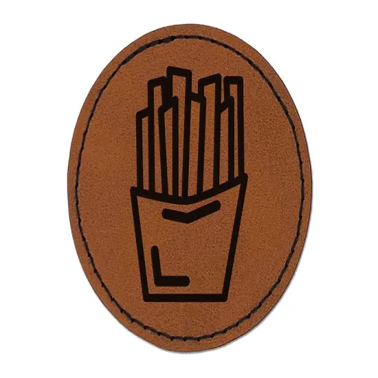 French Fries Snack Doodle Round Iron-On Engraved Faux Leather Patch Applique - 2.5" Brown {1}