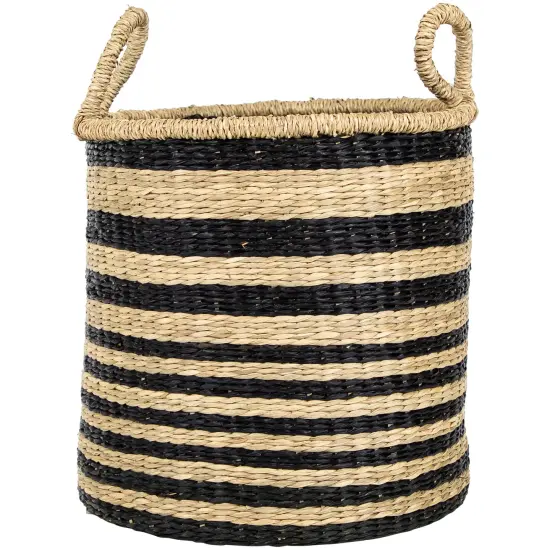 Northlight Set of 3 Khaki and Black Woven Seagrass Striped Storage Baskets with Handles 15.25" Beige {4}