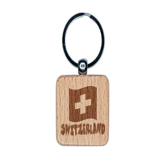 Switzerland with Waving Flag Cute Engraved Wood Square Keychain Tag Charm {1}