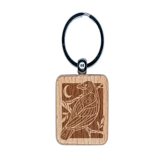 Runic Tribal Rune Raven Engraved Wood Square Keychain Tag Charm {1}