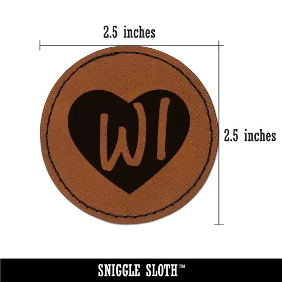 WI Wisconsin State in Heart Round Iron-On Engraved Faux Leather Patch Applique - 2.5" Brown {3}