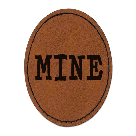 Mine Quirky Text Round Iron-On Engraved Faux Leather Patch Applique - 2.5" Brown {1}