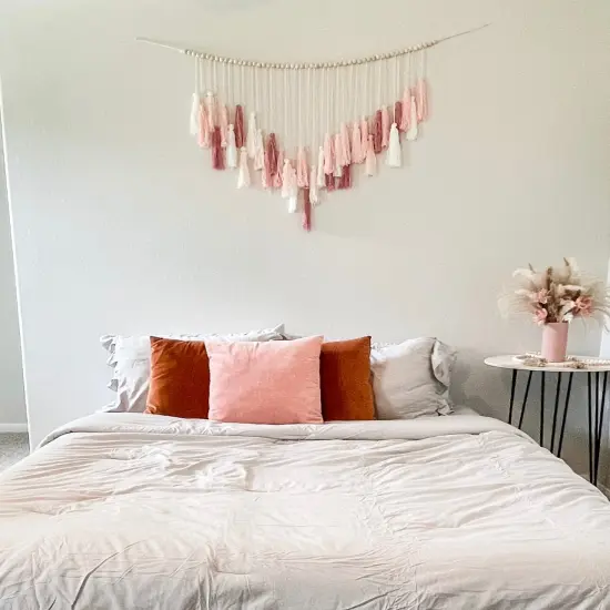 Blush Pink Macrame Wall Hanging Boho Decor Blush Pink Room Decor Tassel Garland Wall Decor with Wood Beads for Bedroom Living Room Nursery Decor {4}