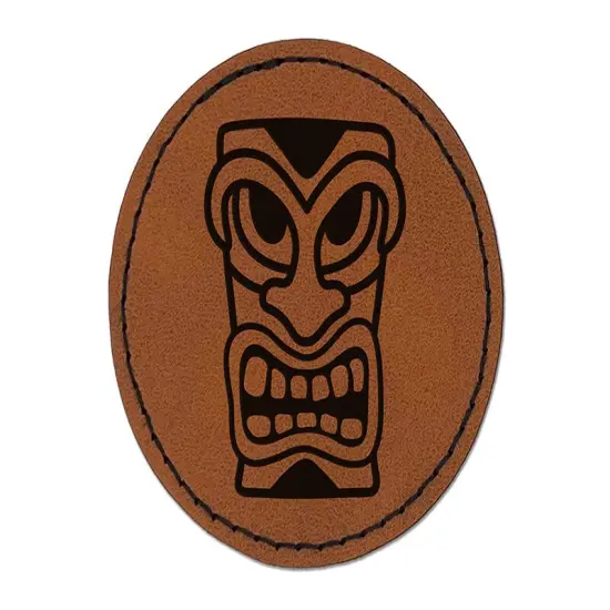 Hawaiian Tiki Head Round Iron-On Engraved Faux Leather Patch Applique - 2.5" Brown {1}