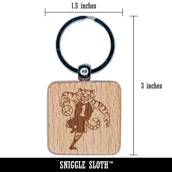 Tiger Playing Basketball Athletic Sports Engraved Wood Square Keychain Tag Charm {2}