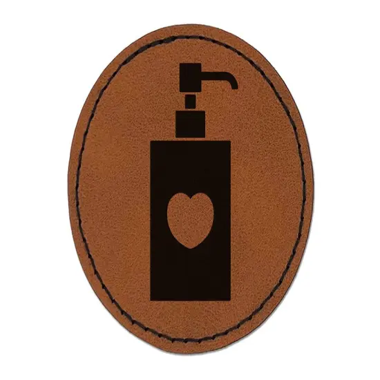 Soap Sanitizer Dispenser Silhouette with Heart Round Iron-On Engraved Faux Leather Patch Applique - 2.5" Brown {1}