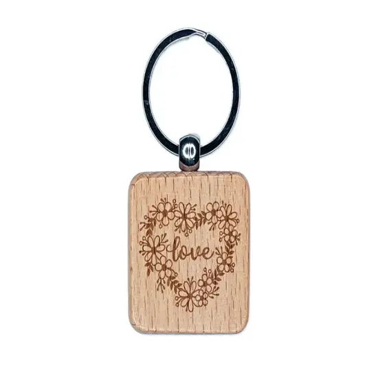 Love Script in Flower Heart Wreath Engraved Wood Square Keychain Tag Charm {1}