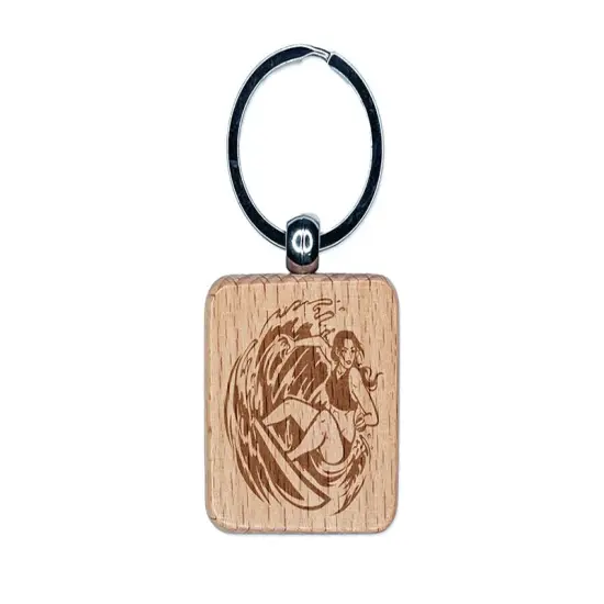 Surfer Woman Riding Wave with Surfboard Engraved Wood Square Keychain Tag Charm {1}