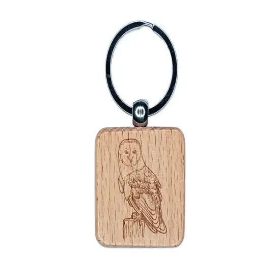 Magnificent Barn Owl Engraved Wood Square Keychain Tag Charm {1}